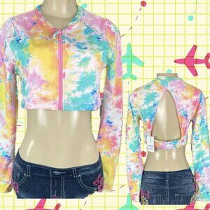 Swimsuit For All XL Pastel Zip Front Open Back Lined Long Sleeve Crop Rash Guard
